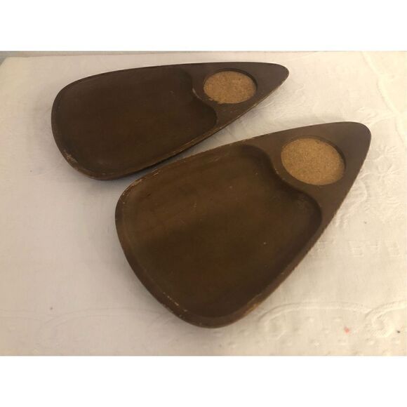 Vintage Set of Two (2) MCM Wooden Snack Triangular Tray Made in Japan - Picture 1 of 12